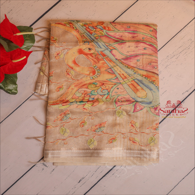 KOTA TISSUE SAREE WITH CRANE & FLORAL APPLICK WORK IN METALIC COPPER COLOUR