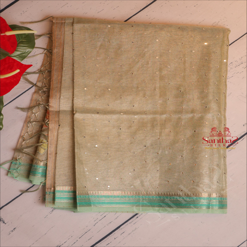 KOTA TISSUE SAREE WITH CRANE & FLORAL APPLICK WORK IN GREEN COLOUR