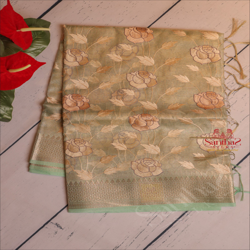 KOTA TISSUE SAREE IN GREEN COLOUR WITH FLORAL EMBORIDERY WORK