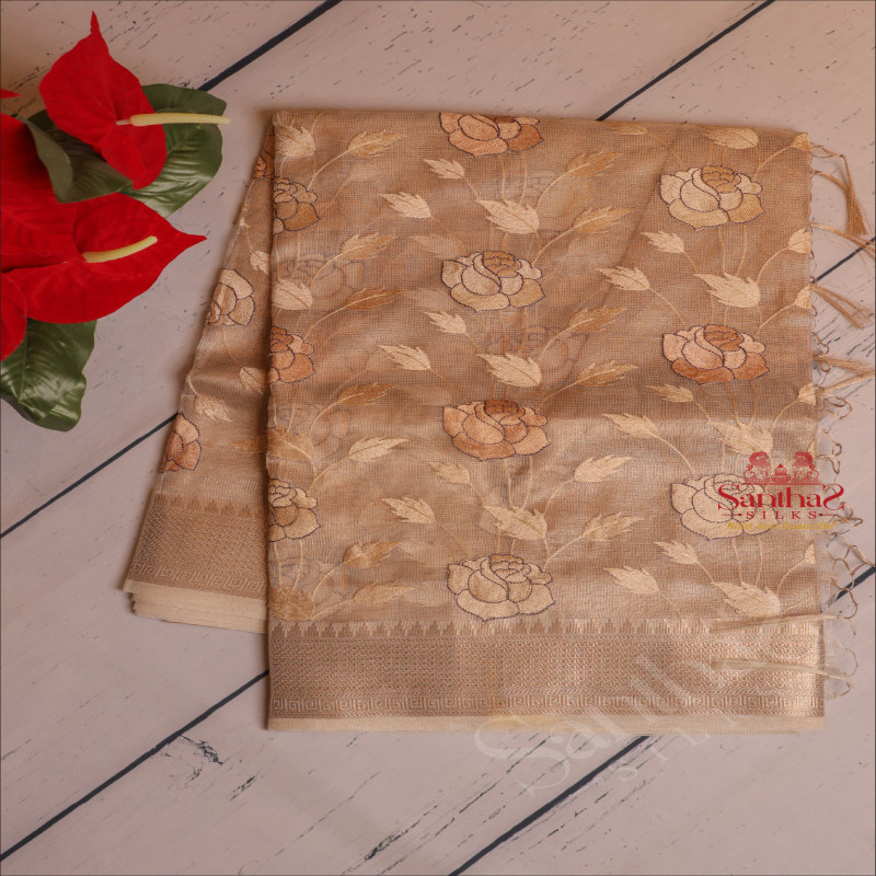 KOTA TISSUE SAREE IN COPPER COLOUR WITH FLORAL EMBORIDERY WORK