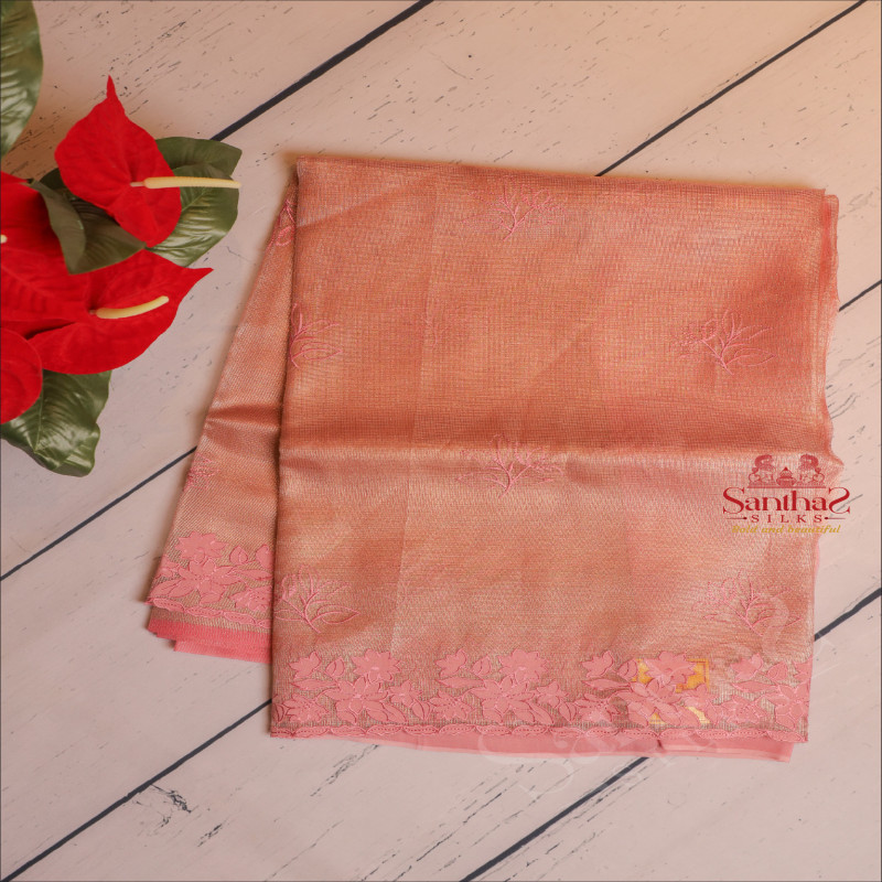 KOTA TISSUE SAREE IN PINK COLOUR WITH FLORAL CUT WORK EMBORIDERY IN BORDER