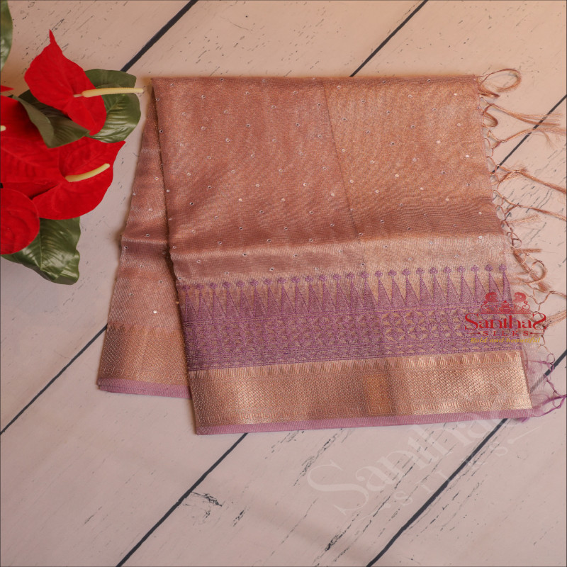 KOTA TISSUE SAREE IN LAVENDER COLOUR WITH MIRRON WORK EMBORIDERY AND GOLDEN ZARI BORDER