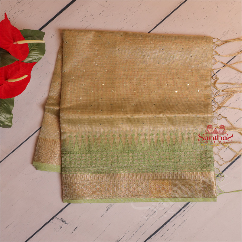 KOTA TISSUE SAREE IN LIME GREEN COLOUR WITH MIRRON WORK EMBORIDERY AND GOLDEN ZARI BORDER