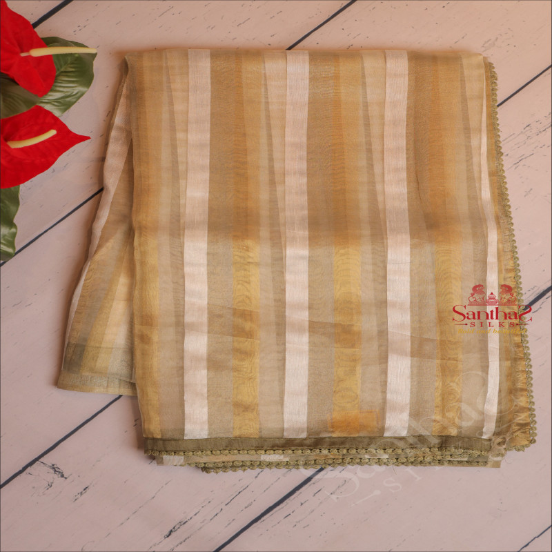 ORGANZA TISSUE SAREE WITH PASTEL OLIVE GREEN COLOUR LACE BORDER