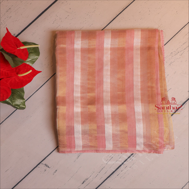ORGANZA TISSUE SAREE WITH PASTEL ROSE COLOUR LACE BORDER