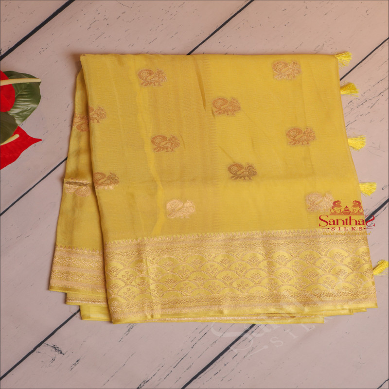 SATIN TISSUE BANARAS SAREE IN FLOURESCENT YELLOW WITH PEACOCK MOTIFS