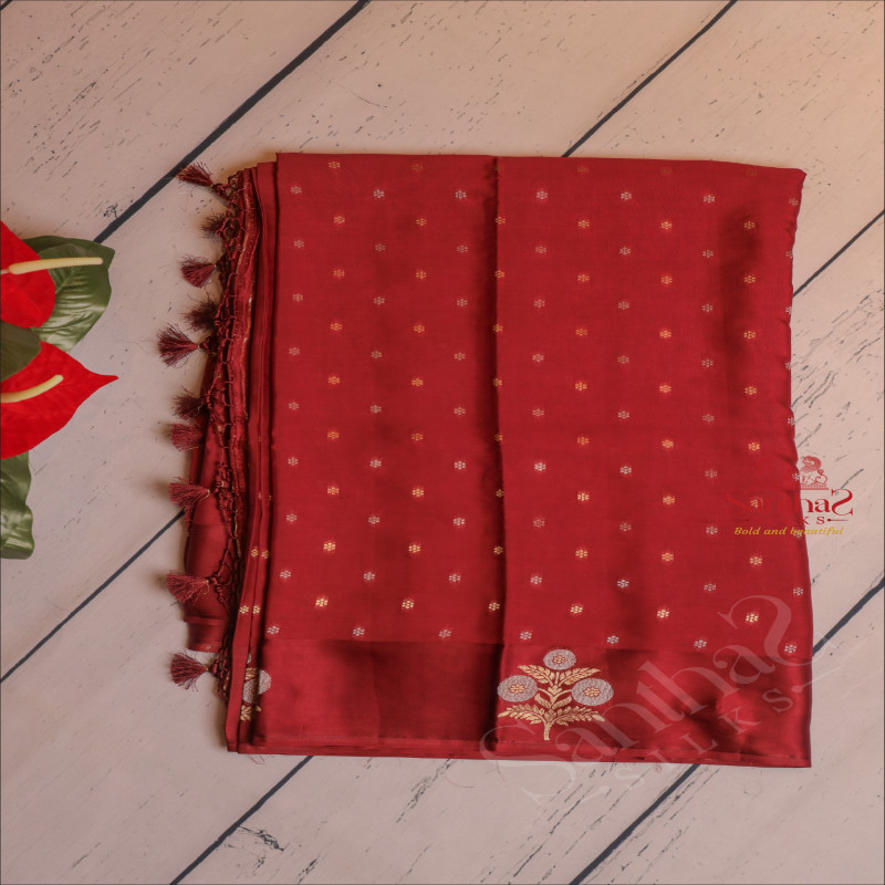 SATIN BANARAS SAREE IN WINE COLOUR WITH GOLDEN ZARI BUTTAS