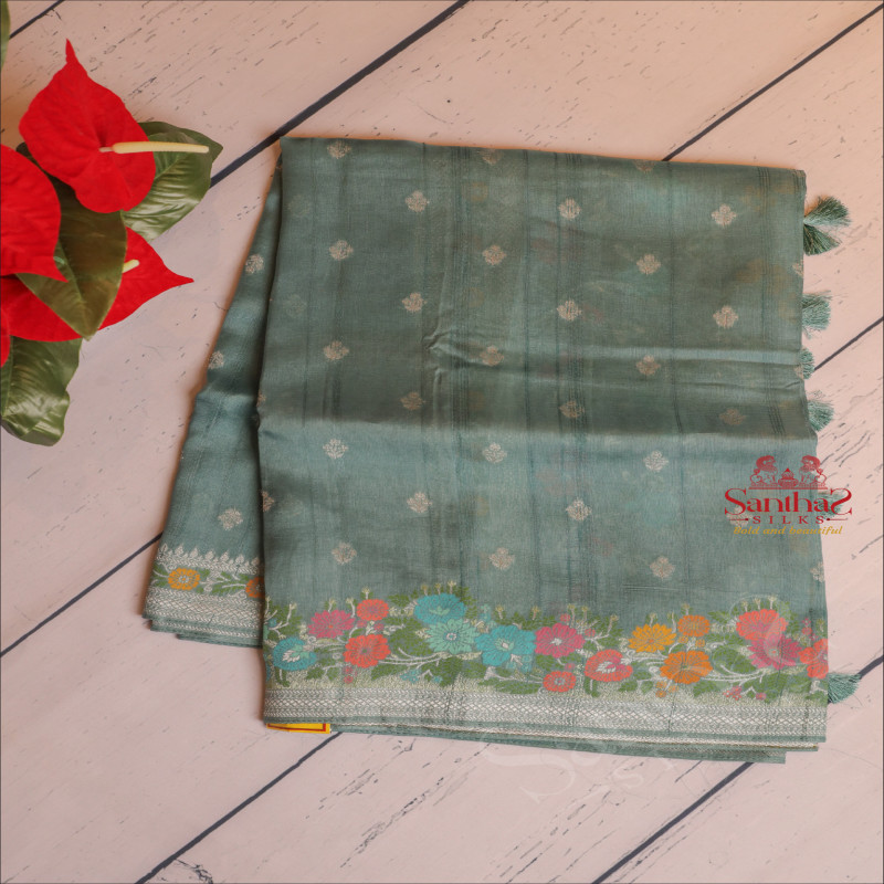 SEMI BANARAS SAREE IN SAPPHIRE BLUE WITH FLORAL WEAVING DESIGN
