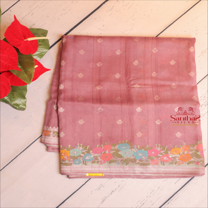 SEMI BANARAS SAREE IN LIGHT PURPLE WITH FLORAL WEAVING DESIGN