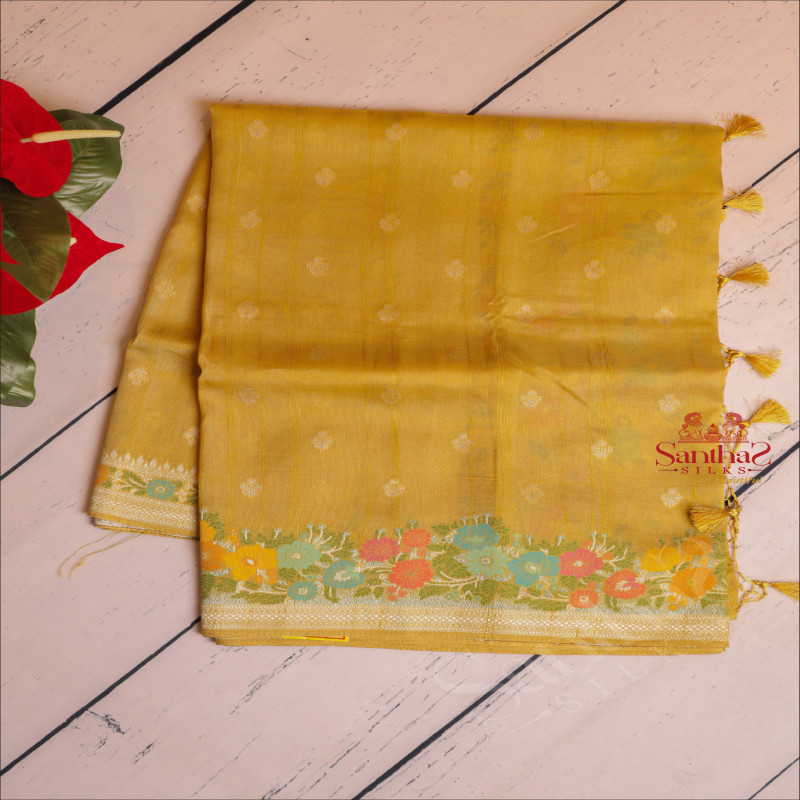 SEMI BANARAS SAREE IN FLUORESCENT GREEN WITH FLORAL WEAVING DESIGN