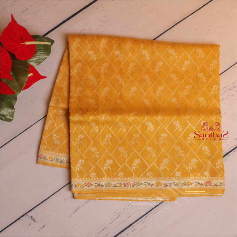 SEMI BANARAS SAREE IN MUSTARD YELLOW WITH FLORAL & DIAMOND SHAPE WEAVING DESIGN