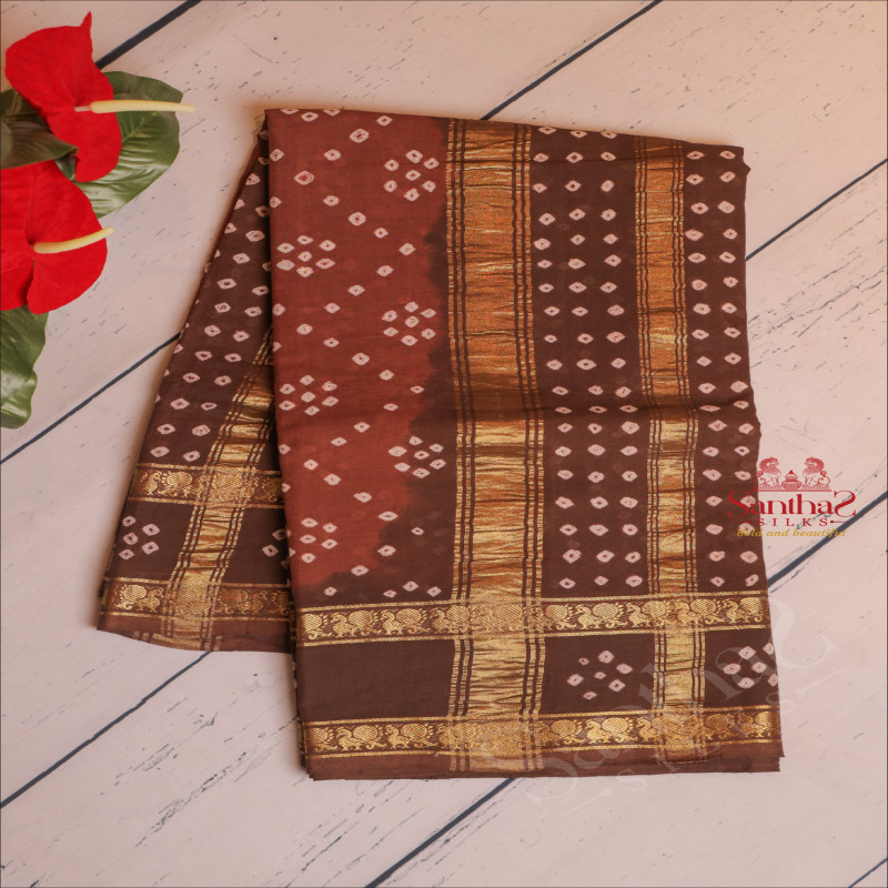 HAND KNOTTED PURE SUNGUDI COTTON SAREE IN BROWN COLOUR