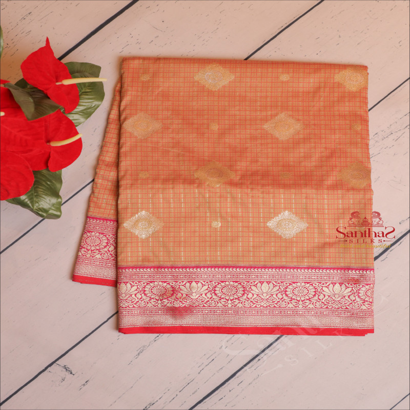 PURE BANARAS SILK SAREE IN BEIGE COLOUR WITH DARK ROSE PALLU & BLOUSE