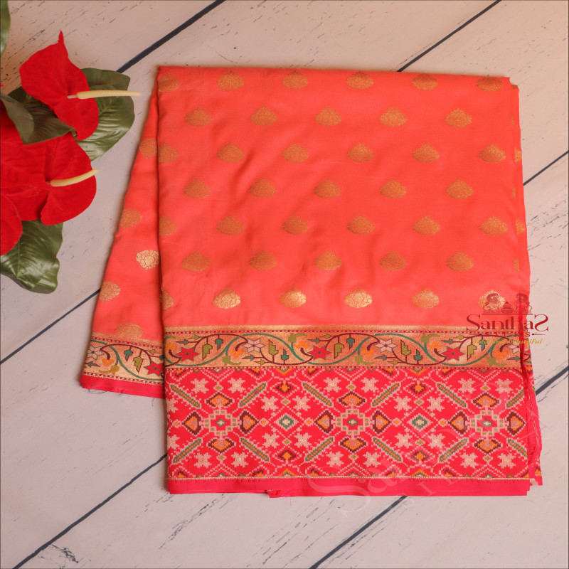 PURE BANARAS SILK SAREE IN PEACH PINK WITH RED COLOUR PALLU & BLOUSE