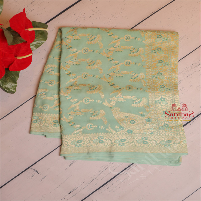 GEORGETTE BANARAS SILK SAREE IN PASTEL BLUE COLOUR WITH SELF COLOUR BLOUSE