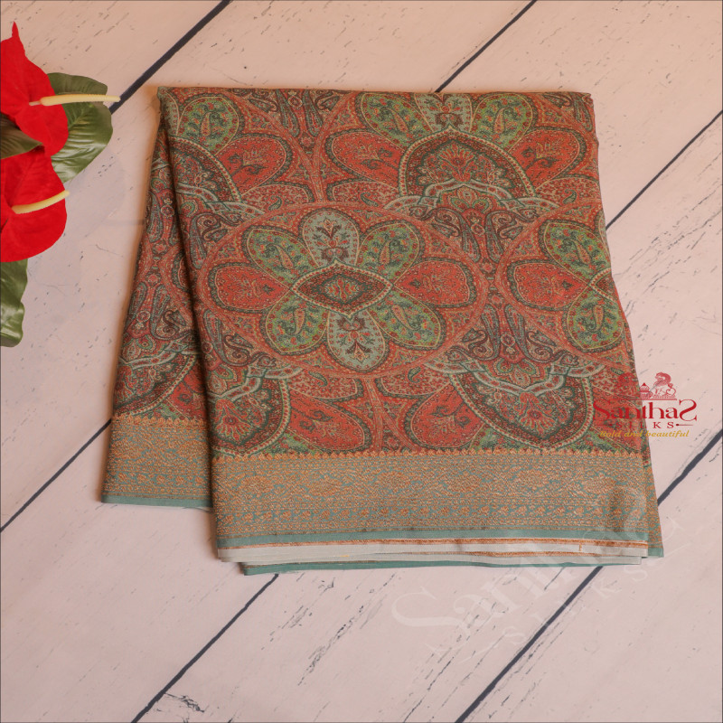 CREPE BANARAS SILK SAREE IN PASTEL BLUE GREEN COLOUR WITH DIGITAL PRINTED DESIGN