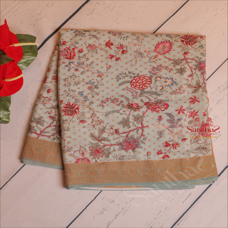 CREPE BANARAS SILK SAREE IN PALE SEA BLUE COLOUR WITH FLORAL DIGITAL PRINTS
