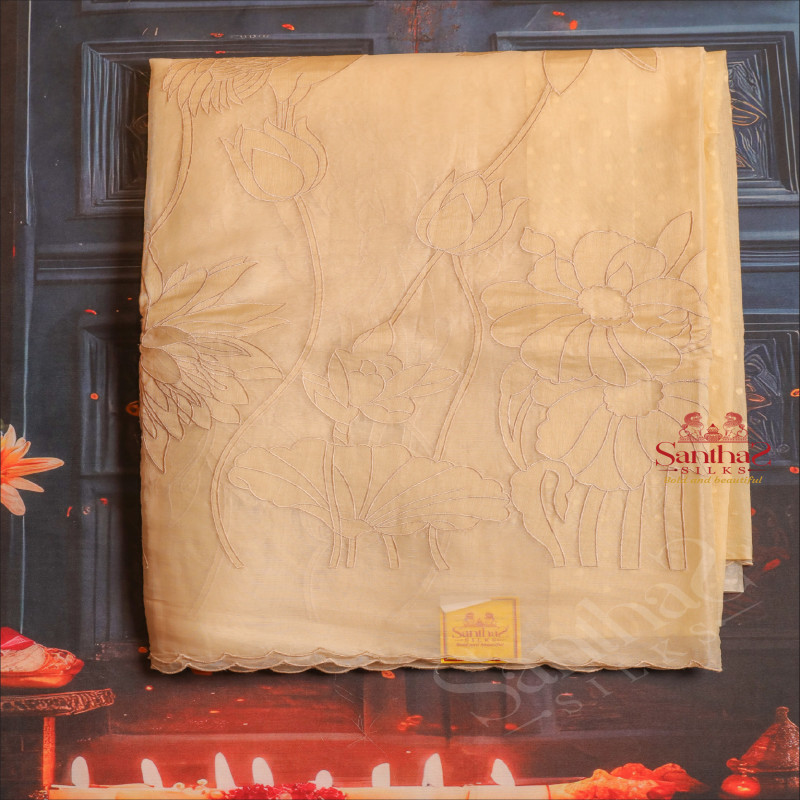 SANDAL COLOUR ORGANZA TISSUE SAREE WITH FLORAL PATTERN WITH SELF BLOUSE