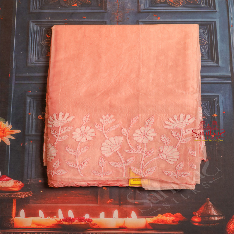 PEACH COLOUR ORGANZA TISSUE SAREE WITH FLORAL EMBROIDERY PATTERN WITH SELF BLOUSE