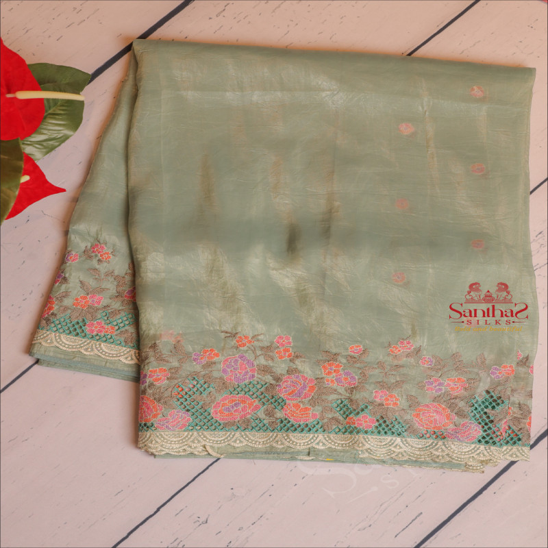 MINT COLOUR CRUSH TISSUE SAREE WITH CUTWORK FLORAL BORDER WITH SELF BLOUSE