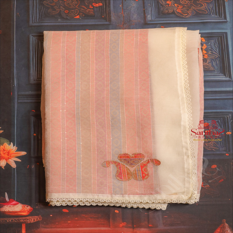 WHITE COLOUR CRUSH TISSUE SAREE WITH FANCY MOTIF WITH CONTRAST RED COLOUR DESIGN BLOUSE