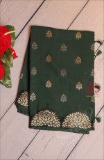 BOTTLE GREEN COLOUR SATIN BANARAS SAREE WITH FLORAL ZARI BUTTA AND SELF BLOUSE