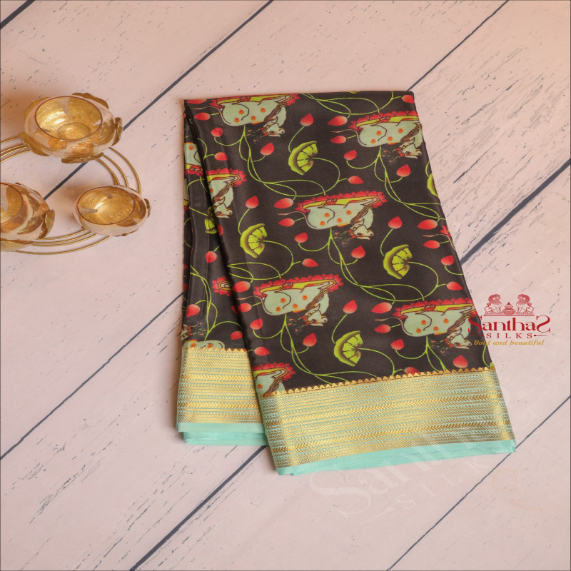 BLACK COLOUR MYSORE SILK SAREE WITH PICHWAI DIGITAL PRINT WITH CONTRAST BLOUSE & BORDER