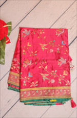 DARK PINK COLOUR SATIN BANARAS SAREE WITH DIGITAL FLORAL PRINT WITH CONTRAST BLOUSE & BORDER