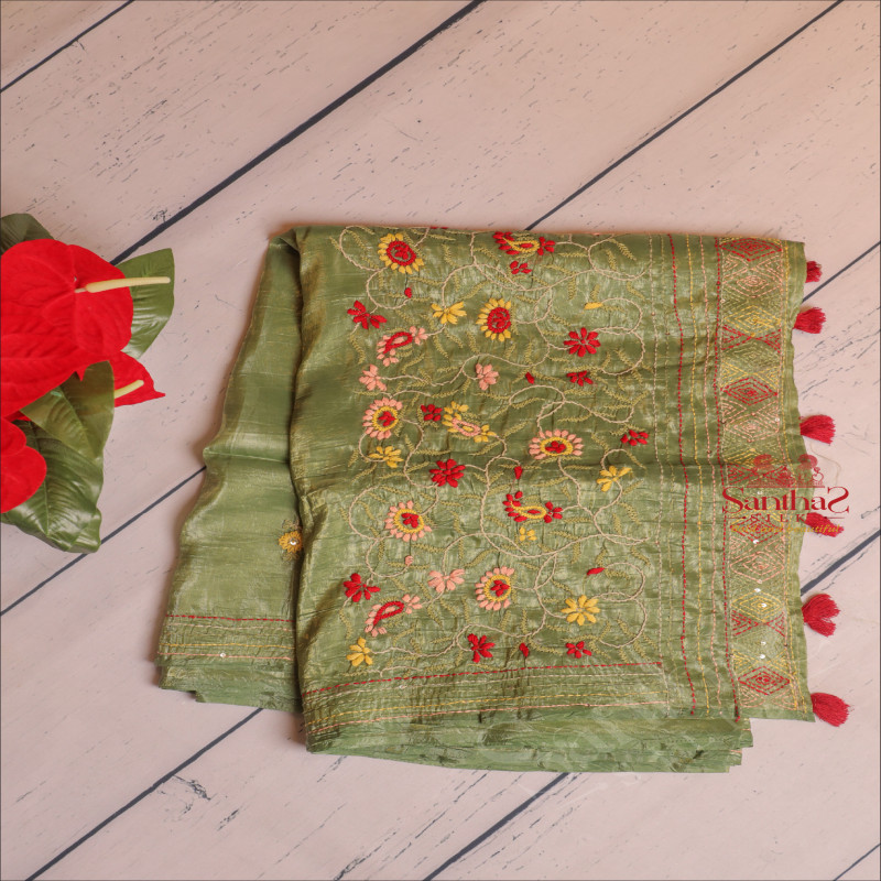 GREEN COLOUR CRUSH TISSUE SAREE WITH FLORAL EMBROIDERY DESIGN AND SELF BLOUSE