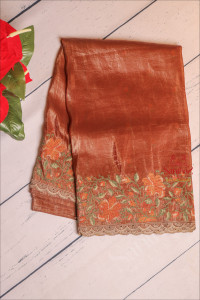 chocolate-brown-colour-crush-tissue-saree-with-floral-design-and-self-blouse