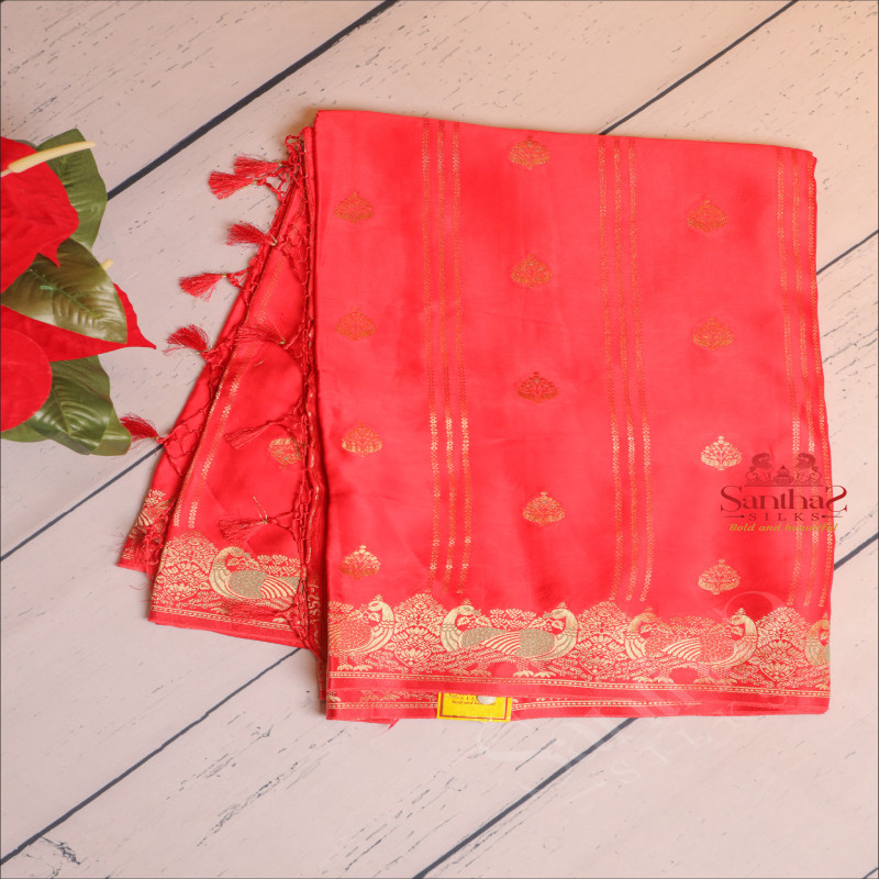 RED COLOUR SATIN BANARAS SAREE WITH ZARI FLORAL BUTTA AND SELF BLOUSE