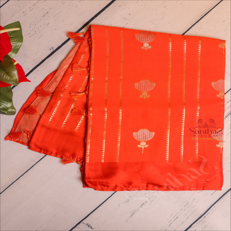 ORANGE COLOUR SATIN BANARAS SAREE WITH ZARI BUTTA WITH SELF BLOUSE