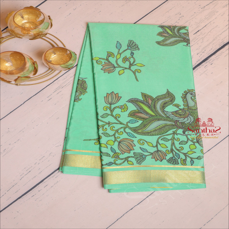 SPRING GREEN COLOUR MYSORE SILK SAREE WITH KALAMKARI DIGITAL PRINT PATTERN AND SELF BLOUSE