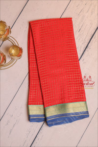 red-colour-checked-mysore-silk-saree-with-contrast-blouse-border