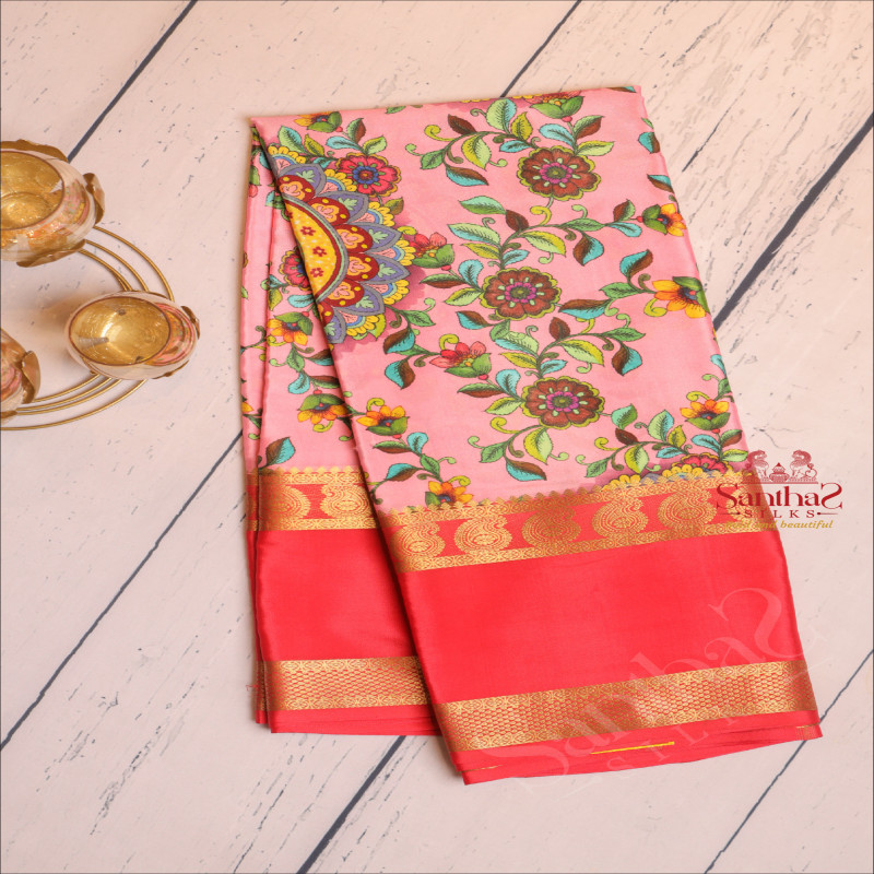 PINK COLOUR MYSORE SILK SAREE WITH FLORAL DIGITAL PRINT WITH CONTRAST BLOUSE & BORDER