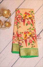 SANDAL COLOUR MYSORE SILK SAREE WITH DIGITAL PRINT WITH CONTRAST BLOUSE & BORDER