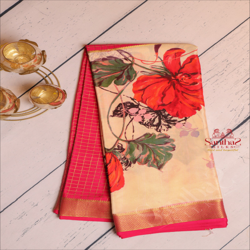 SANDAL COLOUR MYSORE SILK SAREE WITH FLORAL DIGITAL PRINT WITH CONTRAST BLOUSE &  BORDER