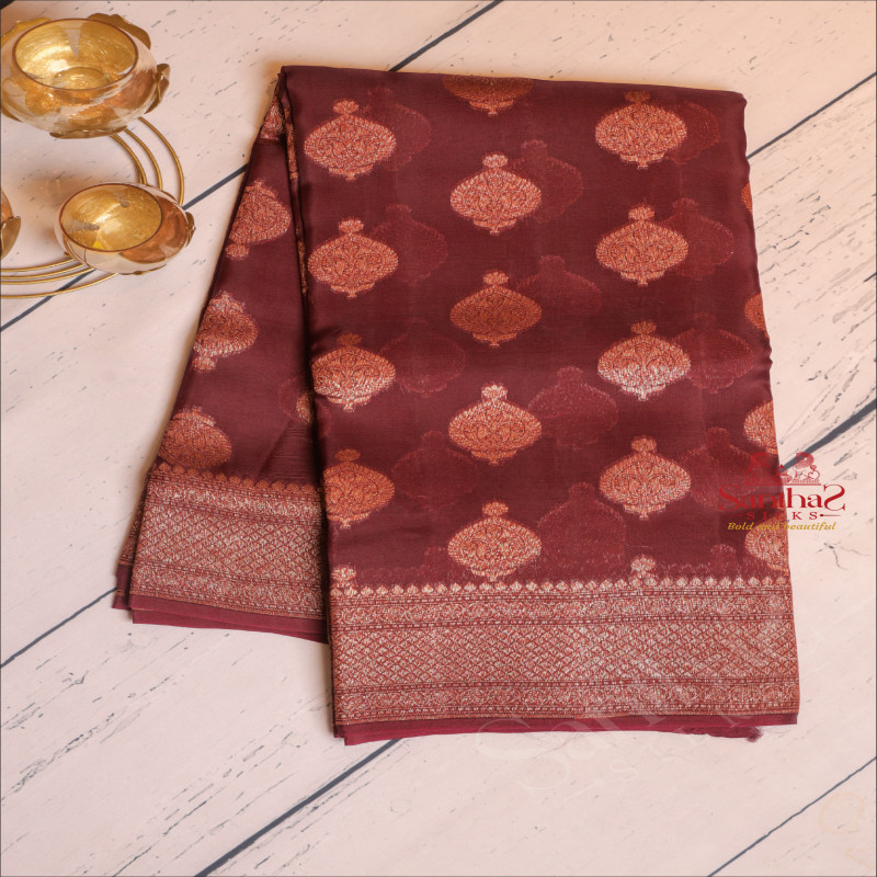 DARK MAGENTA COLOUR KORA ORGANZA SAREE WITH COPPER ZARI BUTTA WITH SELF BLOUSE