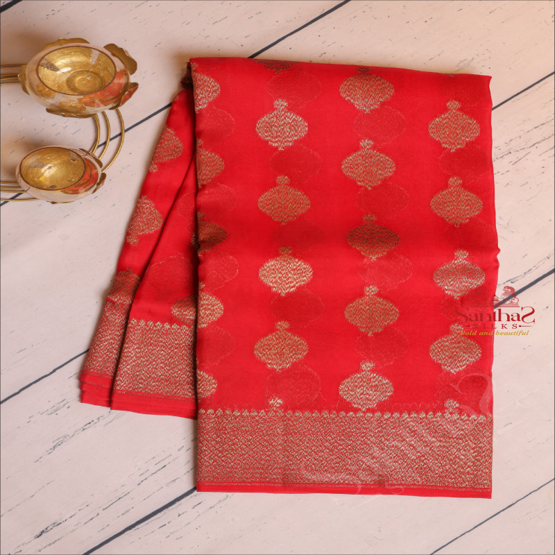 RED COLOUR KORA ORGANZA SAREE WITH ZARI BUTTA WITH SELF BLOUSE & BORDER