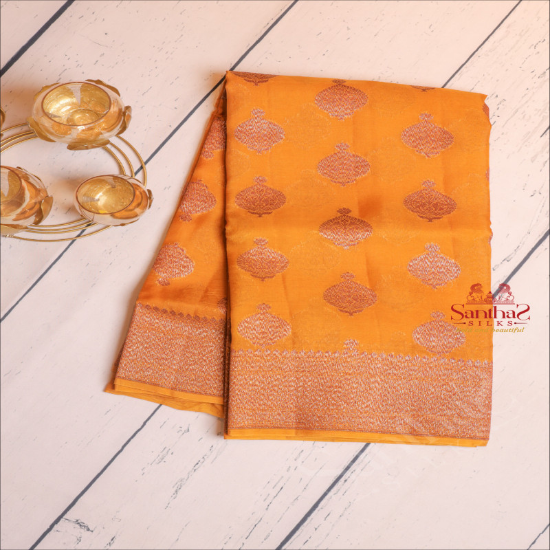 MUSTARD YELLOW COLOUR KORA ORGANZA SAREE WITH ZARI BUTTA AND SELF BLOUSE