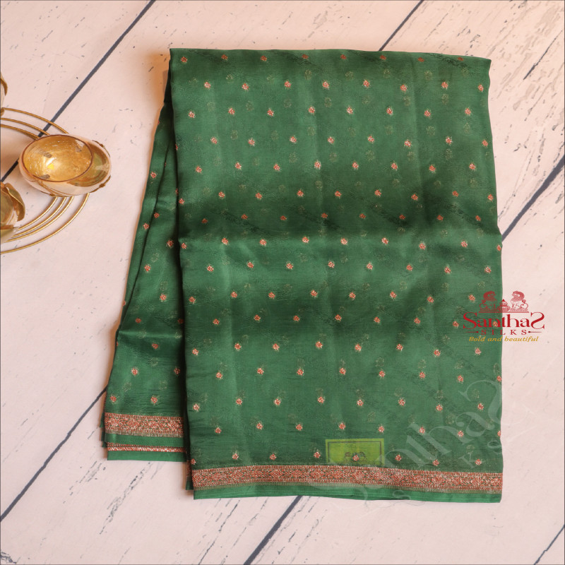 BOTTLE GREEN COLOUR KORA ORGANZA SAREE WITH FLORAL BUTTA WITH SELF BLOUSE