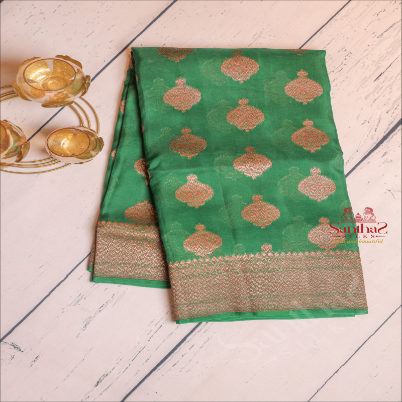 BOTTLE GREEN COLOUR KORA ORGANZA SAREE WITH ZARI BUTTA WITH SELF BLOUSE