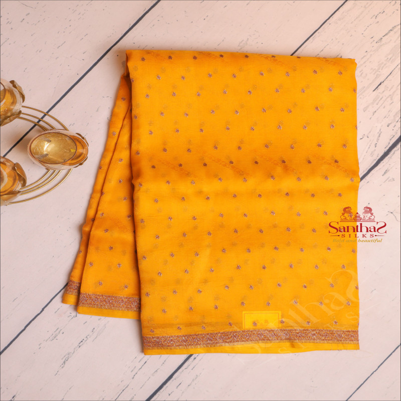 MUSTARD YELLOW COLOUR KORA ORGANZA SAREE WITH ZARI BUTTA WITH SELF BLOUSE