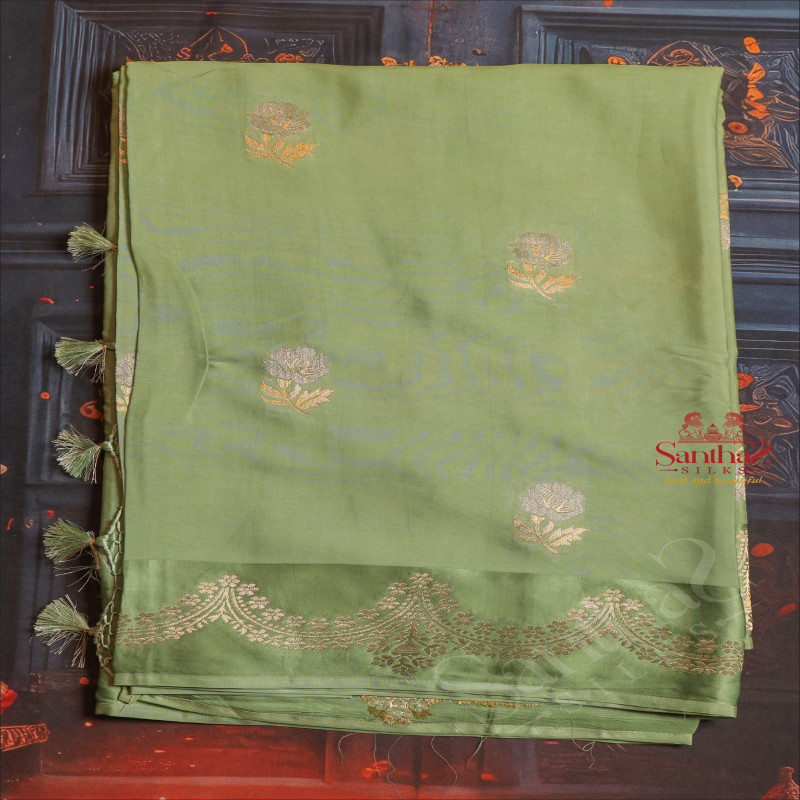 MANTIS GREEN COLOUR SATIN BANARAS SAREE WITH FLORAL BUTTA AND ZARI MOTIF WITH SELF BLOUSE