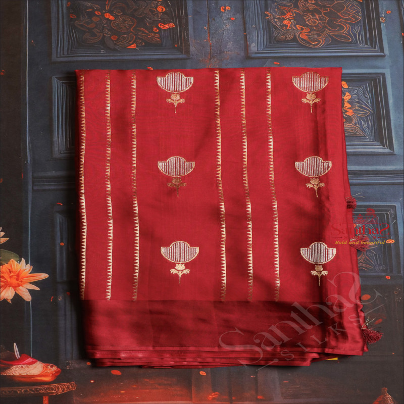 BLOOD RED COLOUR SATIN BANARAS SAREE WITH FLORAL BUTTA AND ZARI MOTIF WITH SELF BLOUSE