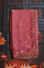 PERSIAN PINK COLOUR WORK SAREE WITH STONE PATTERN BORDER AND SELF BLOUSE