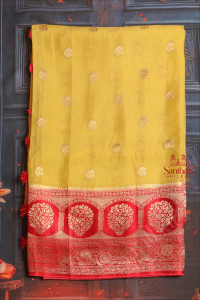 lemon-yellow-colour-satin-banaras-saree-with-floral-zari-butta-with-contrast-blouse-border