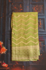 YELLOW GREEN COLOUR SATIN BANARAS SAREE WITH ZARI MOTIF AND SELF BLOUSE