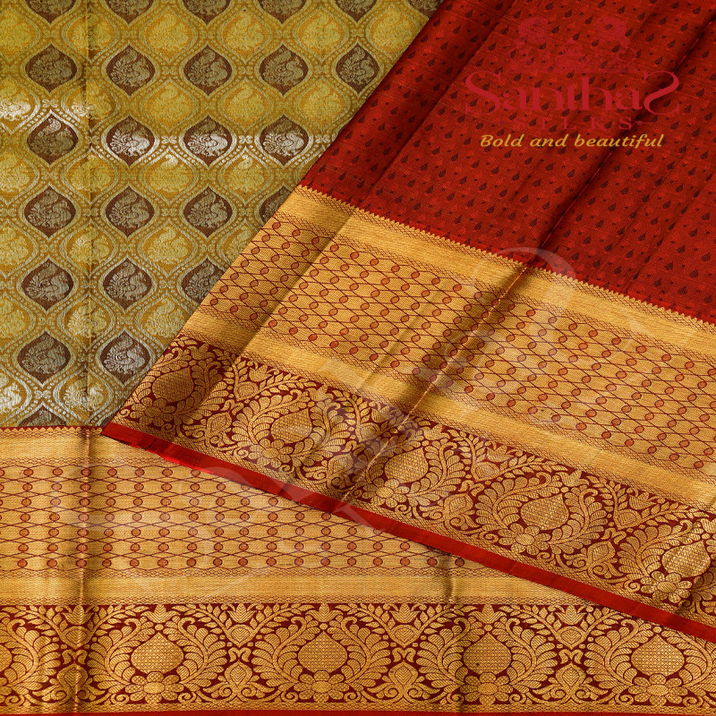 MUSTARD YELLOW COLOUR BODY IN PEACOCK BUTTA WITH CONTRAST BLOUSE & BORDER