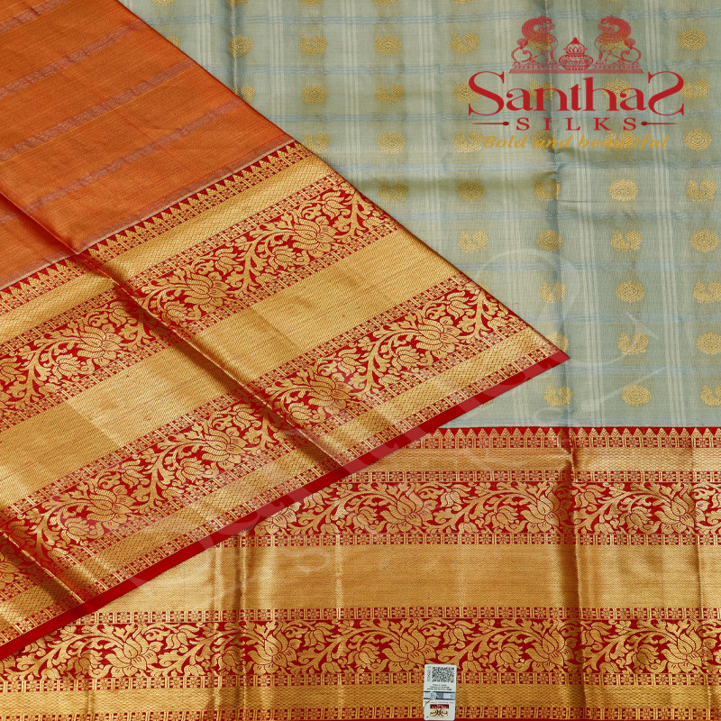 GREY COLOUR TISSUE CHECKED BODY IN ZARI BUTTA WITH CONTRAST BLOUSE & BORDER